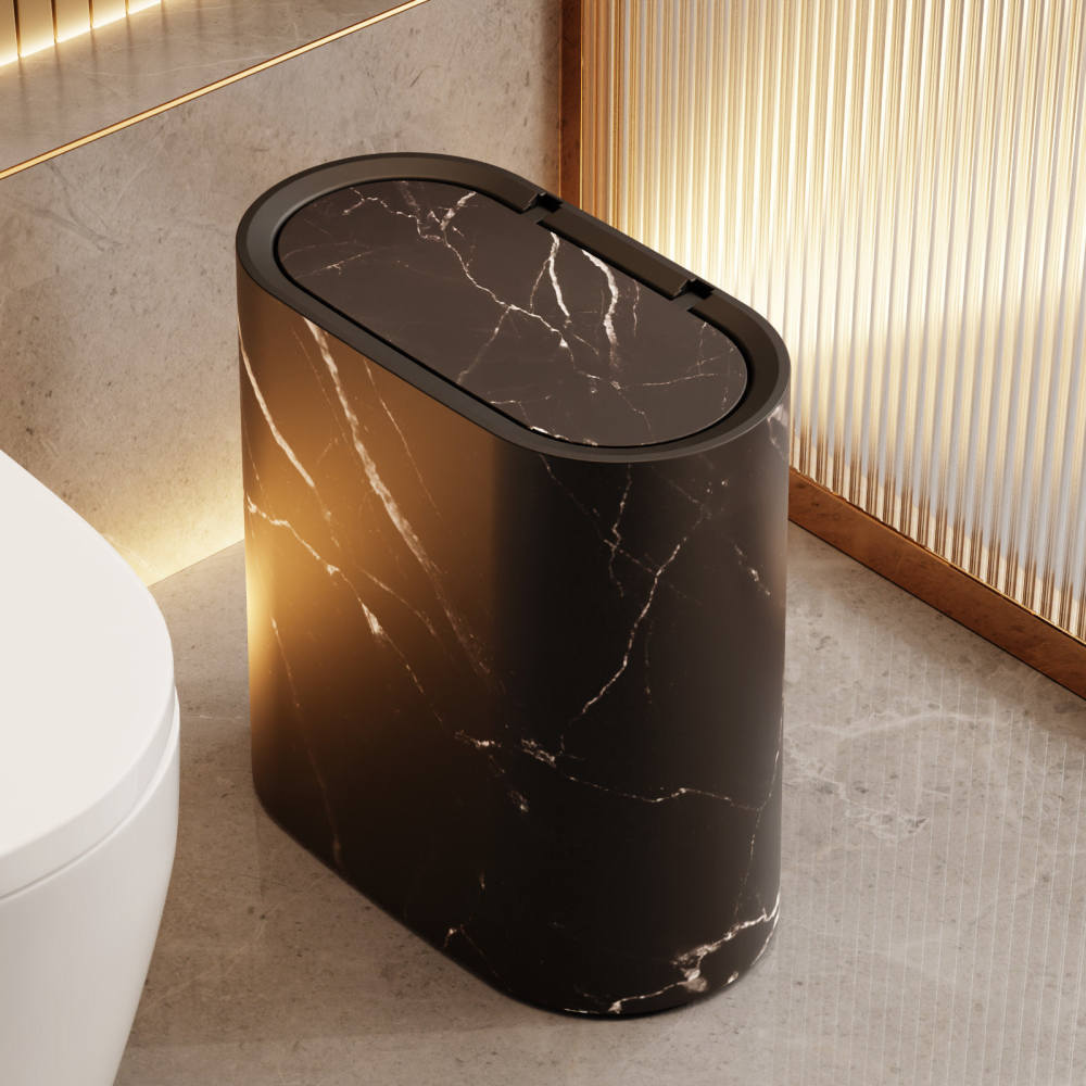 Home Essentials Bathroom Storage - ミニマルなデザインのスリムなゴミ箱。隙間が狭い場所にも設置可能。押しボタン式で、キッチンやバスルームに最適な収納・整理グッズ。