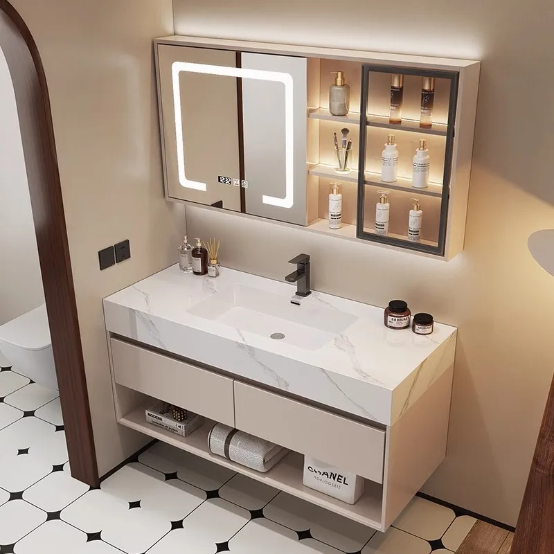 Home Bathroom Vanity Combo - モダンな洗面化粧台、スレートセラミック製洗面器、無垢材の浴室キャビネット家具、洗面台、家庭用洗面所、トイレ収納