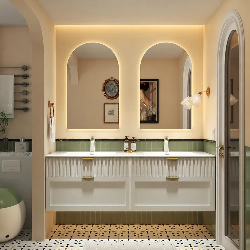 Home Bathroom Vanity Combo - クリームスタイルのバスルームキャビネット、コーリアン一体型洗面台、オーク材の洗面台ユニット、モダンなシンク収納コンボ（家庭用）