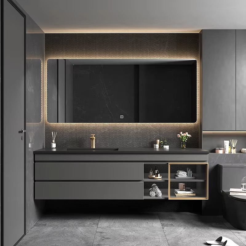 Home Bathroom Vanity Combo - クラシック北欧照明付きバスルームキャビネットミラーブラックホームバニティバスルームキャビネットトイレサルデベインアルモア家具