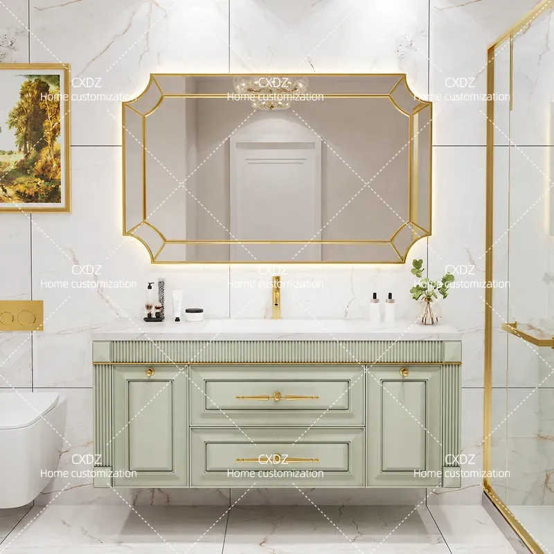 Home Bathroom Vanity Combo - アメリカンオーク製の岩板一体型洗面台、鏡付き洗面台ユニット、モダンな洗面台収納コンボ（家庭用バスルーム向け）