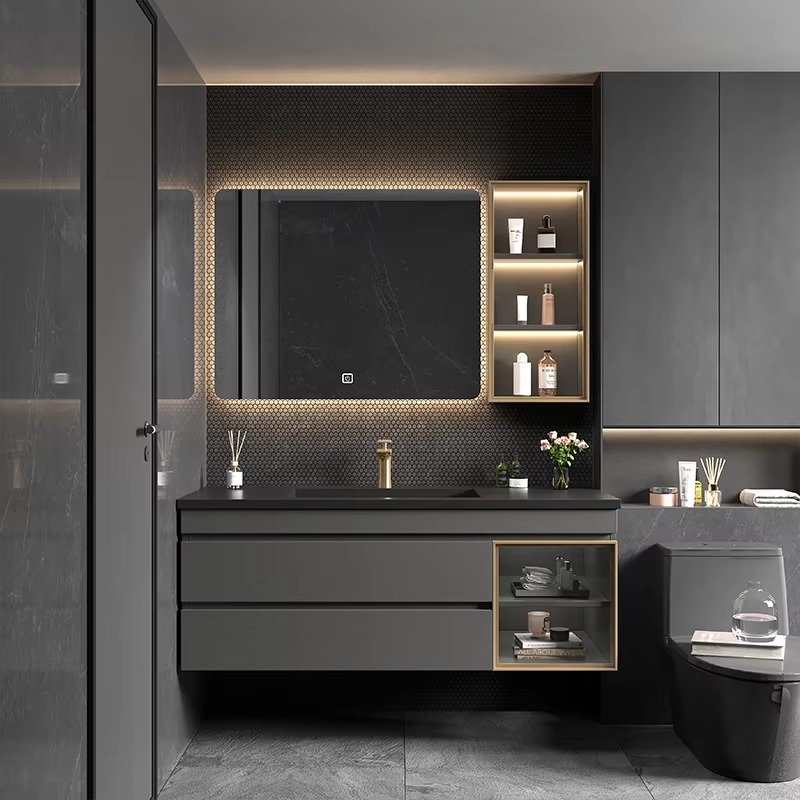 クラシック北欧照明付きバスルームキャビネットミラーブラックホ - Home Bathroom Vanity Combo のレビューと価格